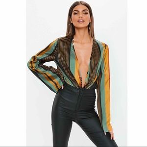 Missguided Striped Plunge Long Sleeve Bodysuit